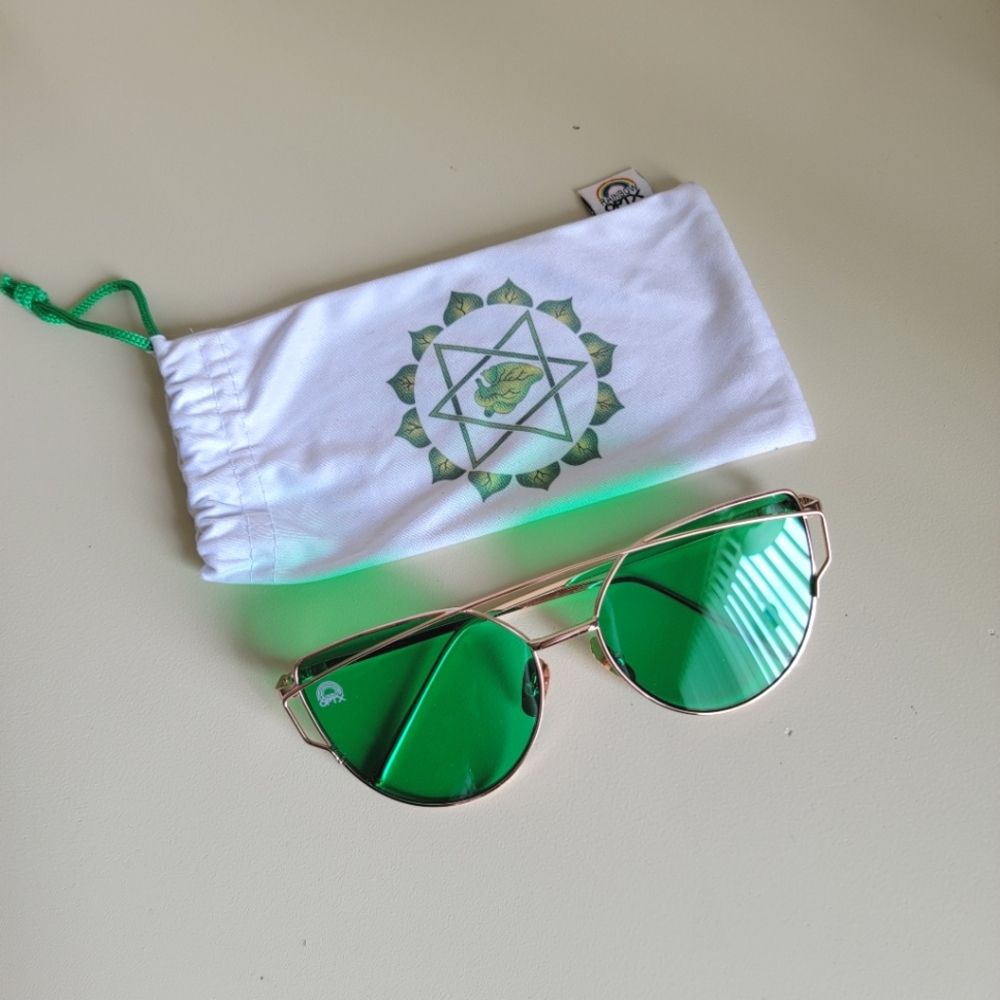 Color Therapy Rainbow OPTX Green Cat Eye Sunglasses Heart Chakra Healing EUC